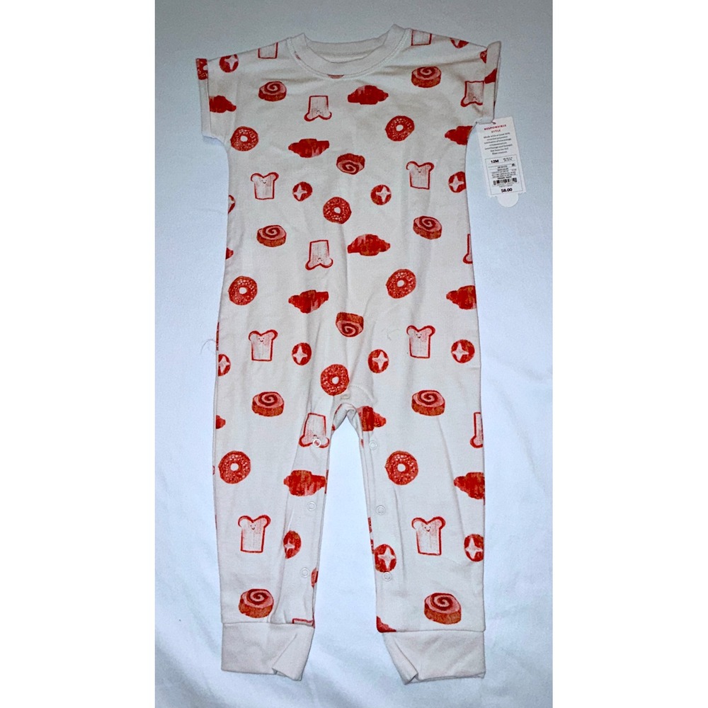 Cat & Jack Breakfast‎ Print Romper Kids 12M Beige NEW Short Sleeve Snap Jumpsuit